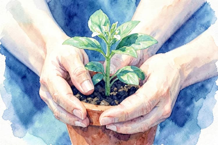 Mãos segurando uma pequena planta que cresce em um vaso.