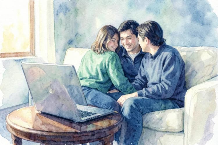 Casal conversando atentamente em frente a um laptop em um ambiente doméstico aconchegante.