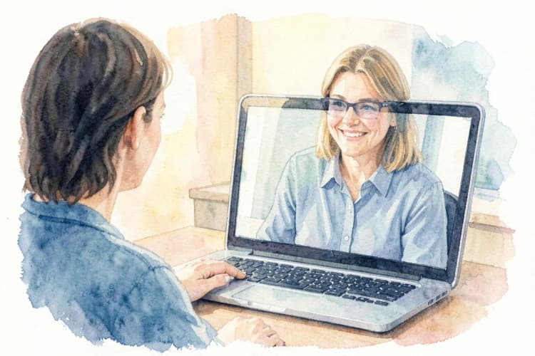 Terapeuta sorrindo gentilmente para um casal através da tela de um laptop.
