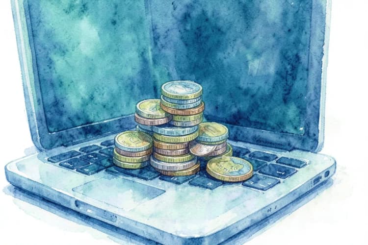 Moedas empilhadas em cima de um laptop, indicando terapia de casal online acessível.