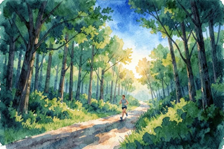 Pessoa correndo em uma trilha na floresta ao nascer do sol.