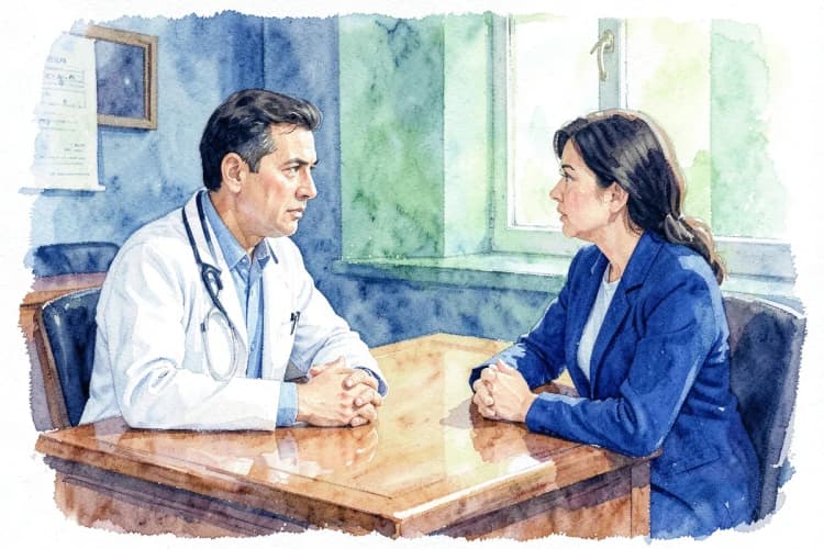 Médico conversando com um paciente em um consultório, ambos com expressões sérias.