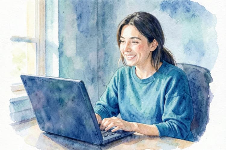 Pessoa em frente a um notebook com uma expressão de alívio e esperança.