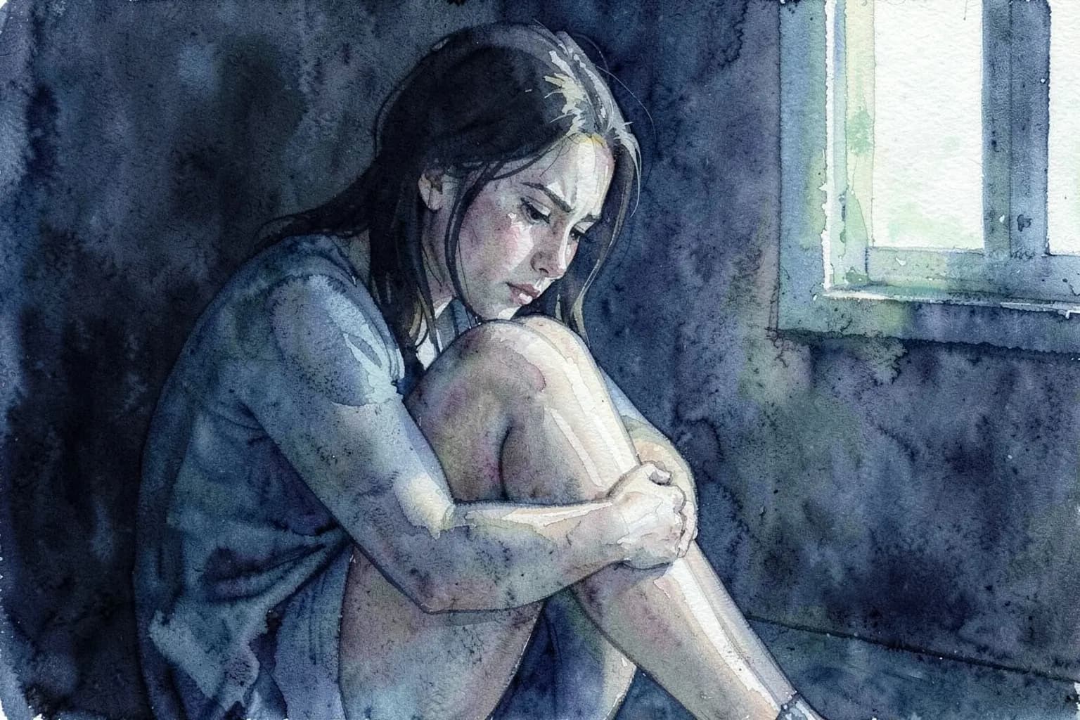 Mulher sentada em posição fetal em um quarto escuro, abraçando os joelhos com expressão de angústia.