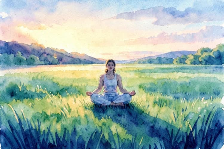 Pessoa meditando sentada em posição de lótus em um campo gramado ao pôr do sol.