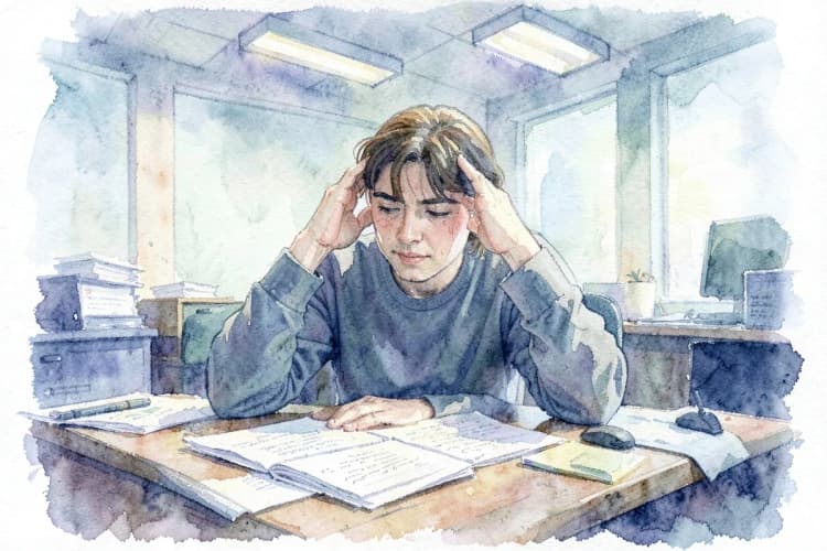Pessoa trabalhando em um escritório com ar cansado