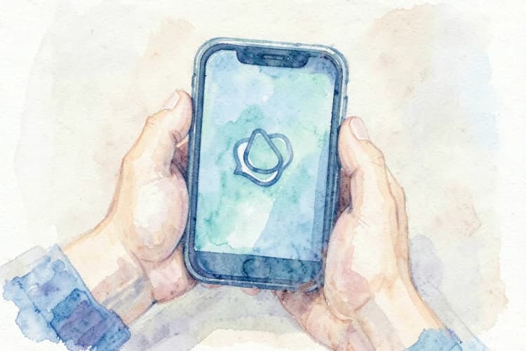 Mãos segurando um telefone com um ícone de ajuda na tela