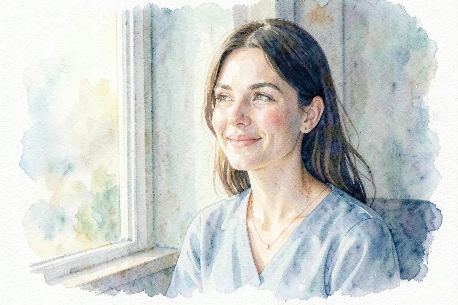 Mulher sorrindo e olhando pela janela de casa