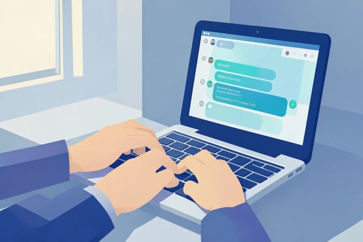 Close-up de uma pessoa digitando em um laptop com um ícone de bate-papo na tela