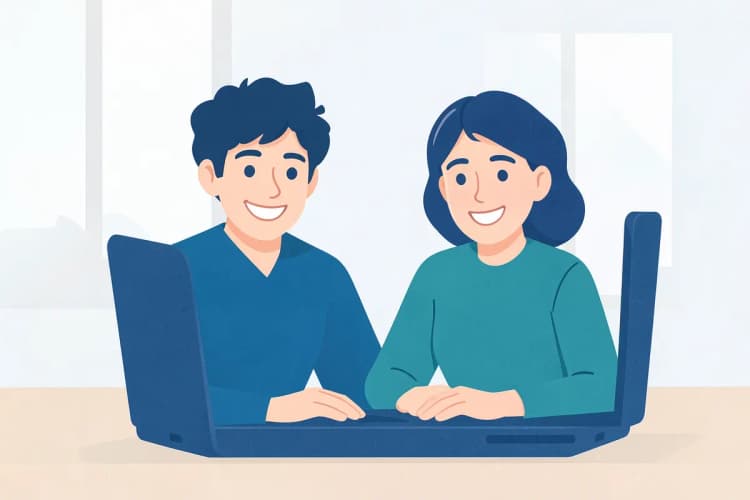 Duas pessoas conversando em videochamada em um laptop, com sorrisos