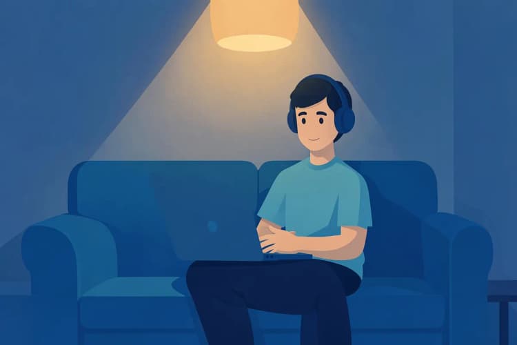 Pessoa relaxada em um sofá usando fones de ouvido e falando com um laptop