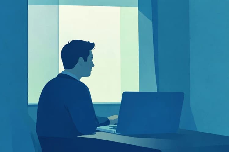 Pessoa pensativa olhando pela janela, com um laptop ao lado